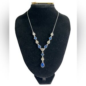 Fashion Silver Tone  Blue and Clear Rhinestone Y Shape Necklace